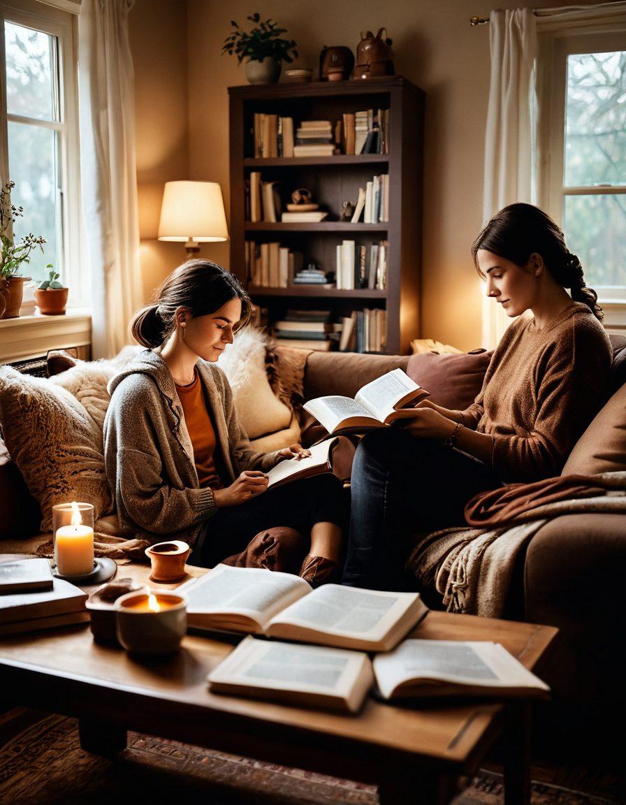 A warm and intimate scene of a couple sitting together in a cozy, softly lit living room, surrounded by personal mementos that represent their shared journey. Include elements like open books, intertwined hands, and a gentle gaze, symbolizing deep connection and understanding. The ambiance should evoke feelings of love and warmth, with rich earth tones. super-realistic. cozy atmosphere. warm colors.