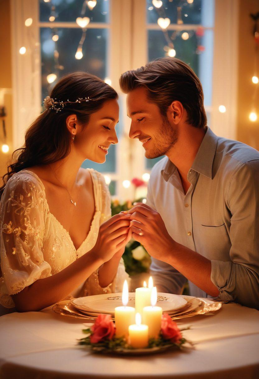A cozy setting of a candlelit dinner for two, adorned with fresh flowers and soft music notes floating in the air, symbolizing romance. In the background, a couple gently holding hands, with warm smiles and soft glances, creating an atmosphere of affection and connection. The warm glow of the candles illuminating their faces, surrounded by heart-shaped decorations. soft focus, dreamy style, warm colors, romantic ambiance.