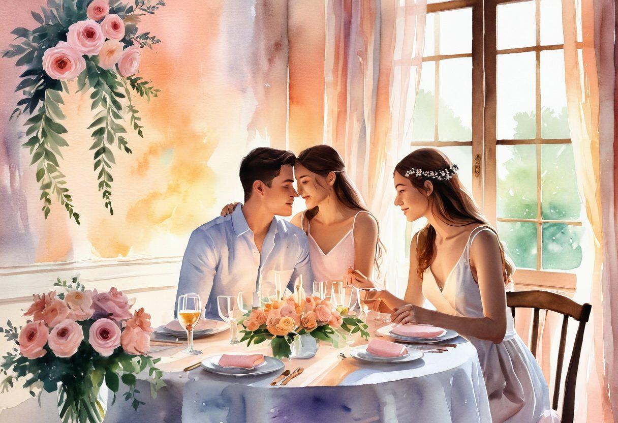 A beautifully set dinner table with soft candlelight, surrounded by delicate flowers and romantic details. In the background, a couple shares a tender moment, embodying love and intimacy. The ambiance is warm and inviting, with hints of soft music notes floating in the air. Rich colors accentuate the romance, creating a dreamy vibe. watercolor illustration. soft pastel colors. warm glow.